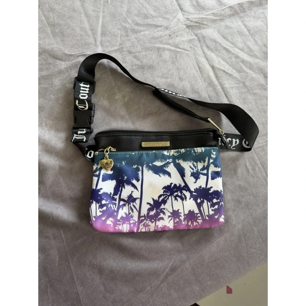Juicy Couture Crossbody Bag Palm Tree Logo Strap Heart Charm Black Pink